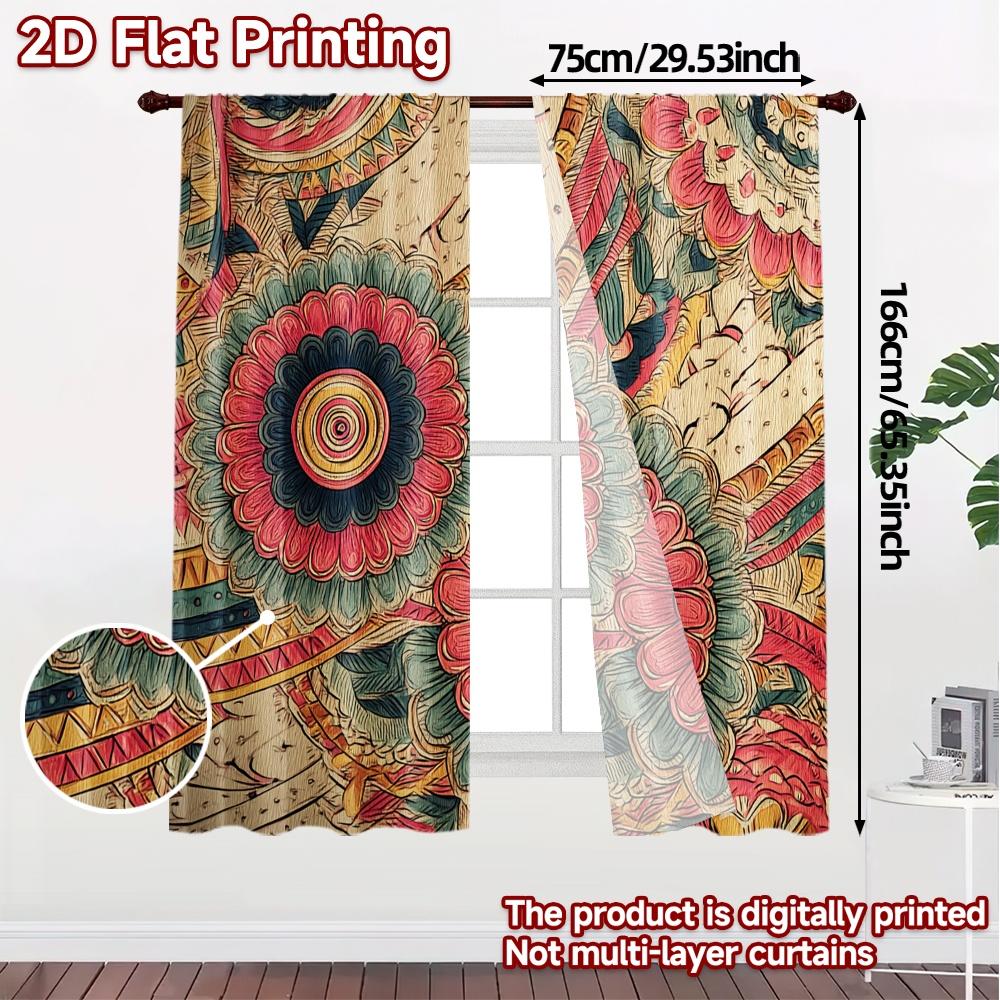 2D FLAT PRINTING 2pcs Curtains (Without Rod) Floral Mandala Design (5) New yearFestival Creative Curtains Durable Polyester