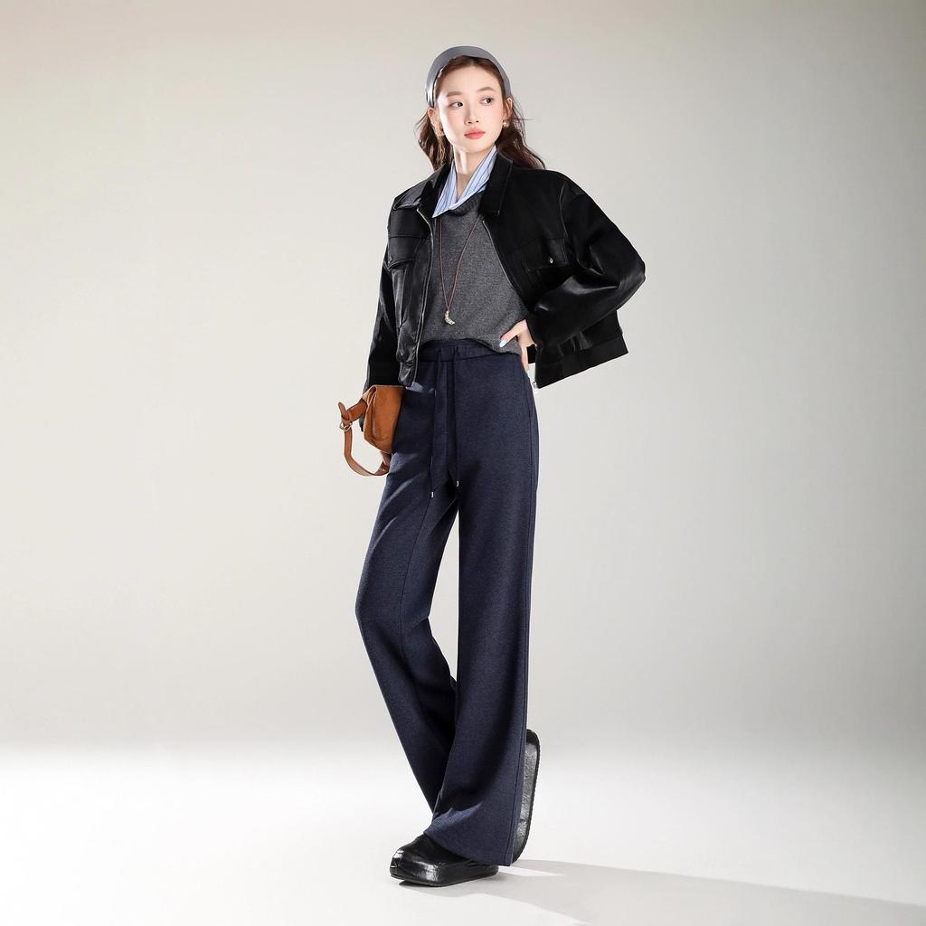 Women's 2025 Winter Woolen Micro Flare Velvet Pants: Floor-Length, Straight-Leg, Sports Casual