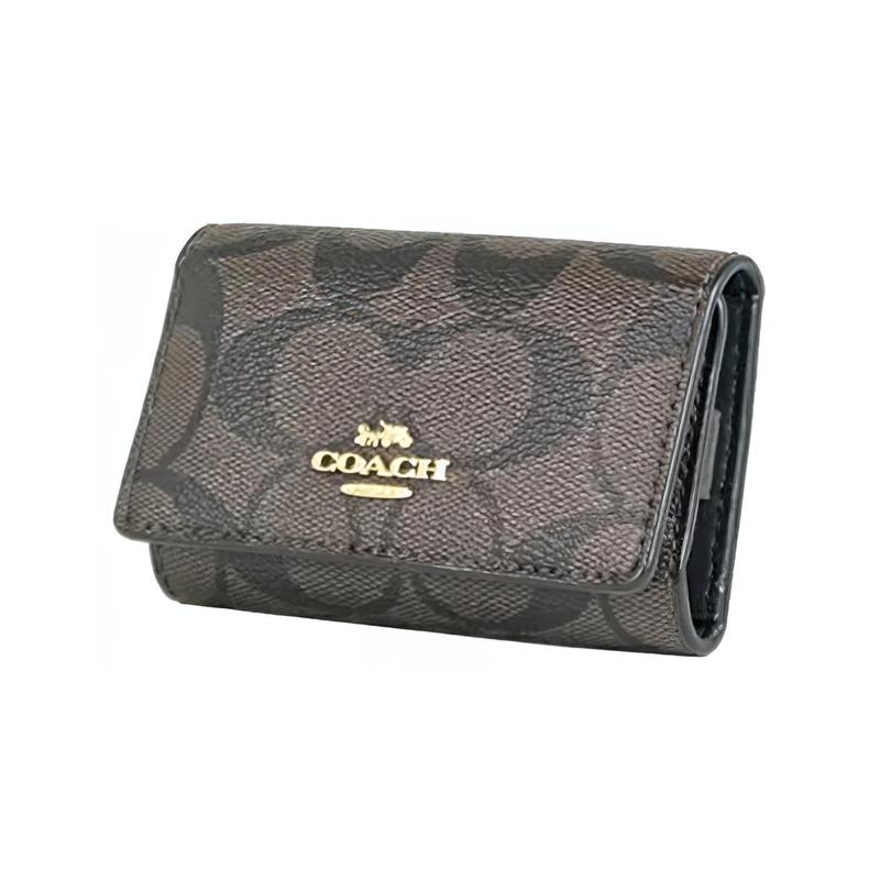 

COACH key case 10 classic logo portable 5-ring keychain coated canvas and leather key case women s black brown black brown чёрный