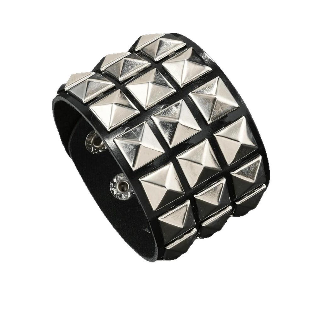 Men's Black & Silver Studded PU Leather Bracelet with Round Corners - Cross-Border Punk Style