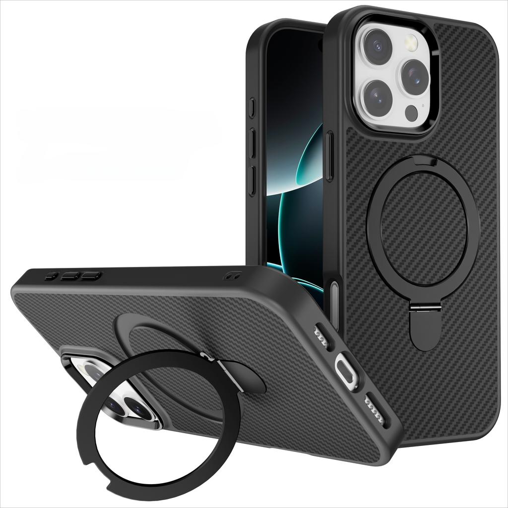For iPhone 11 12 13 14 15 16 Pro Max Plus Phone Case Magnetic Metal Stand Kevlar Pattern Carbon Fiber Anti Drop Slim Cover