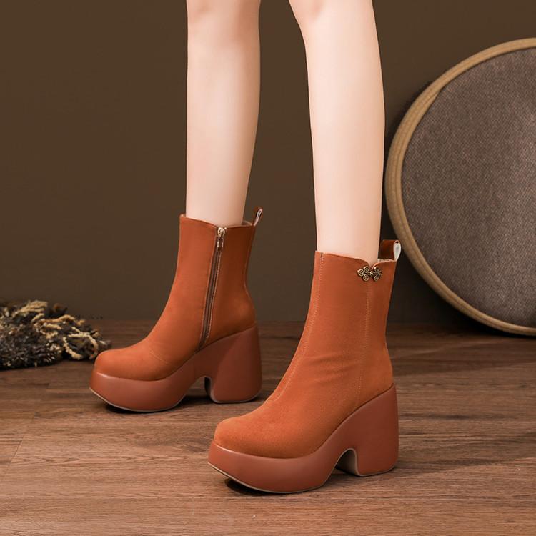Coarse Heel Waterproof Table Short Boots Women's 10.5cm Autumn and Winter New Leather Platform Super High Heels Versatile and Comfortable Martin Boots
