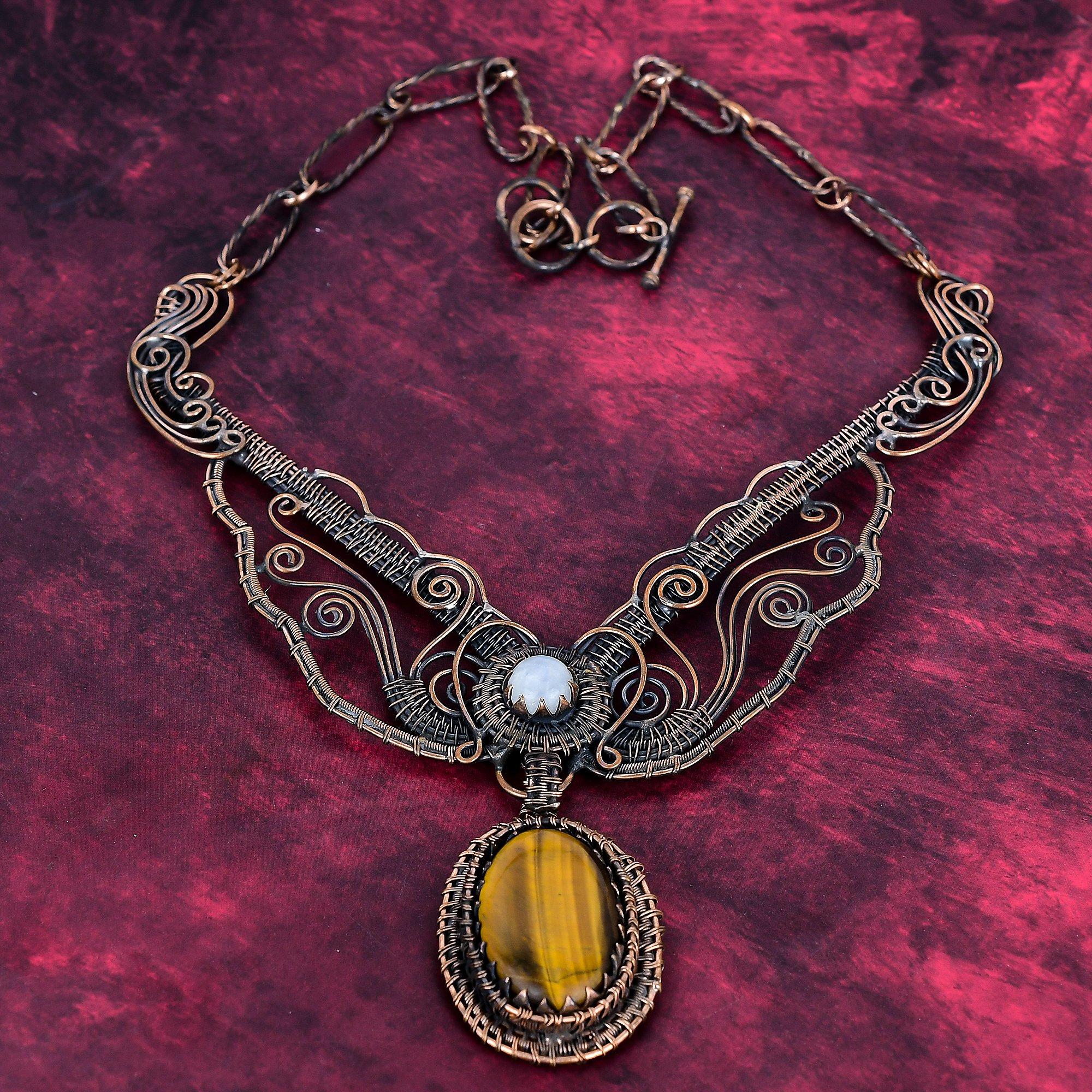 Tiger s Eye Real Gemstone Necklace Copper Wire Wrapped Adjustable Chain Necklace Adjustable