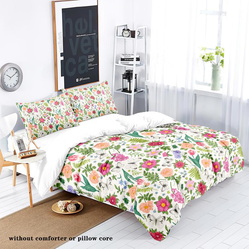3-piece Natural Pink Floral Pattern Printed Down Duvet Cover (1 Duvet Cover+2 Pillowcases, No Core) Bedding Set