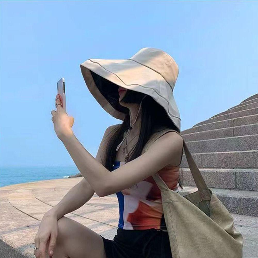 Foldable Solid Color Summer Outdoor Beach Large Brim Sun Hat Bucket Hat Fisherman Hat Women Cap