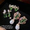 Mojito Emerald Butterfly Earrings, Happy Rich Woman, 18K Gold Duobao Thistle Flower Zircon Pearl Earrings