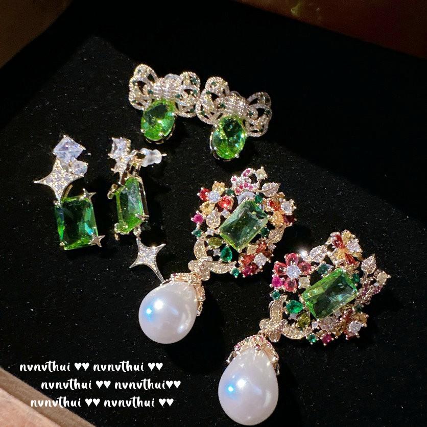 Mojito Emerald Butterfly Earrings, Happy Rich Woman, 18K Gold Duobao Thistle Flower Zircon Pearl Earrings