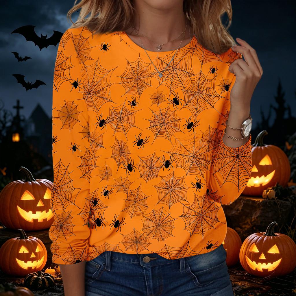Women's Long Sleeve Pullover Sweatshirt Halloween Print Round Neck Casual Top Lightweight Comfortable Fit