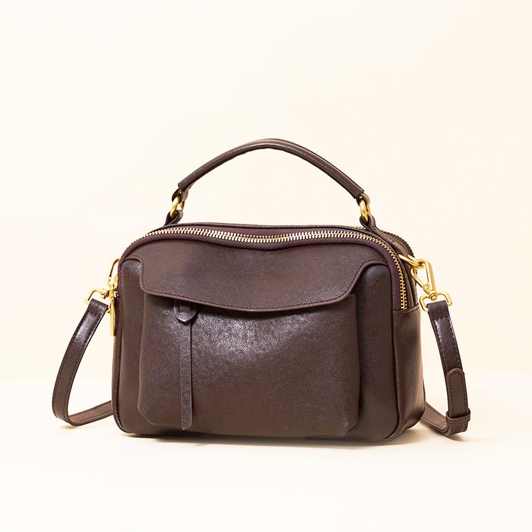 Real Leather Boston Women s Bag Versatile Retro Headlayer Crystal Vegetable Tanned Cowhide Handbag Crossbody 24x11x16CM