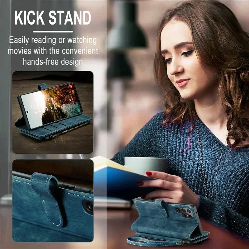 CaseMe Flip Leather Phone Case For Samsung Galaxy S26 Ultra S25 Edge S24 FE S23 S22 S21 S20 Plus S10 Note 20 Ultra Zipper Wallet Card Bag Cover Coque