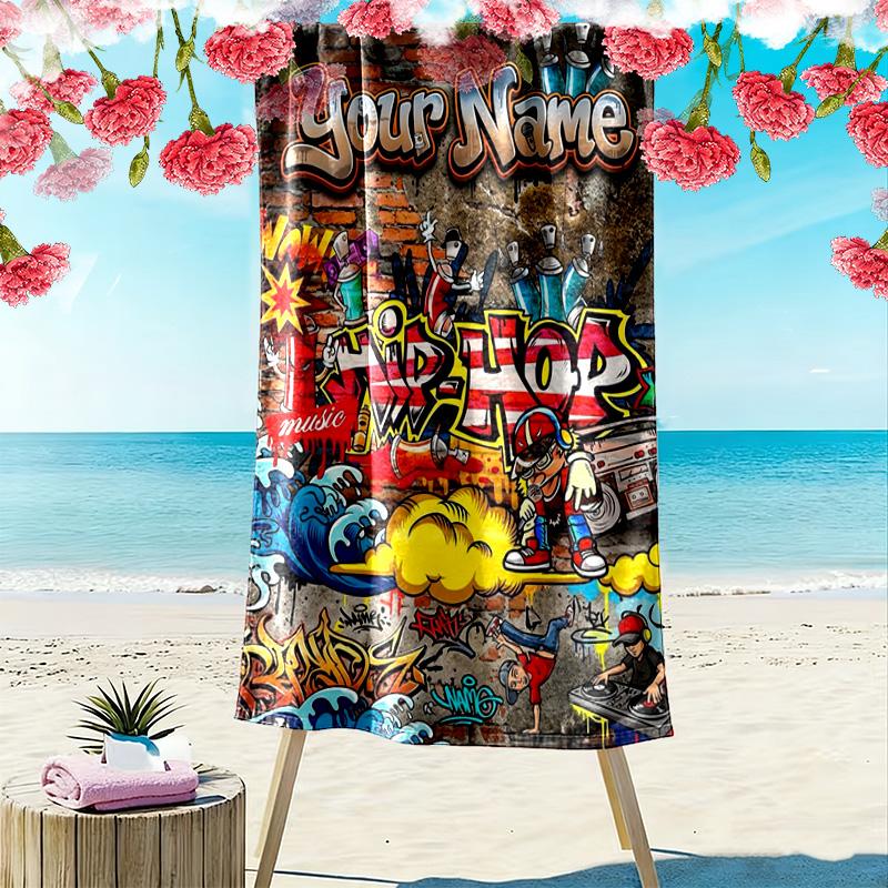 Name Custom Hip pop Print Beach Towel, Large Soft Quick Dry Towel for Beach Camping Swimming
