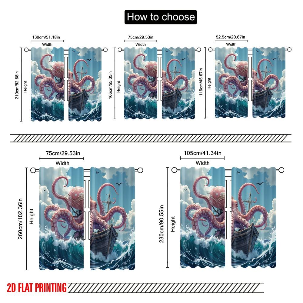 2pcs,2D plane printing Curtains Digital Printed Krakens Embrace Versatile Durable Polyester (without rod) Outdoor Decorations