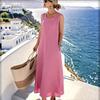 Women Summer Sleeveless Loose Fit Cotton Linen Midi Dress with Crew Neck and Practical Pockets for Casual Daily Wear