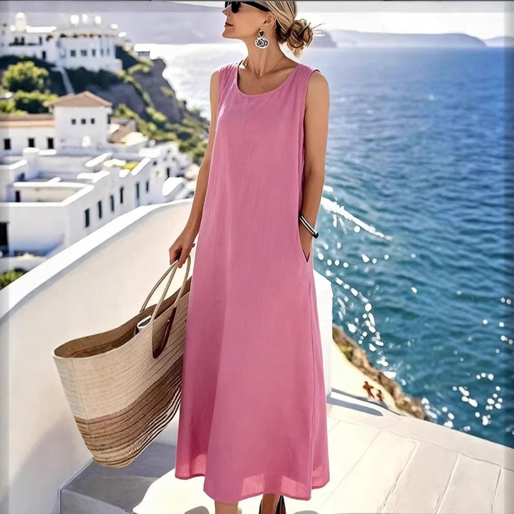 Women Summer Sleeveless Loose Fit Cotton Linen Midi Dress with Crew Neck and Practical Pockets for Casual Daily Wear