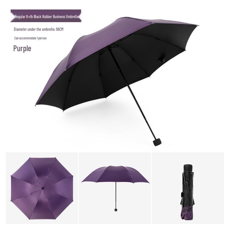 Black Reinforced Folding Umbrella, Sun & Rain Protection, Solid Color, Three-Fold, Fits 1-2 People, Ideal for Business Men & Women.