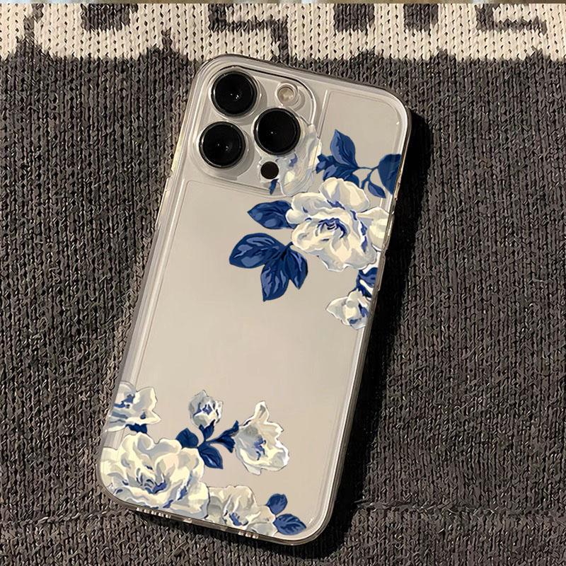 

Blue White Floral Mirror Case Pattern Phone Case for iPhone 17 16 15 14 13 12 11 16E Series Pro Max Plus Double Layer Protection iphone 11 ProMax
