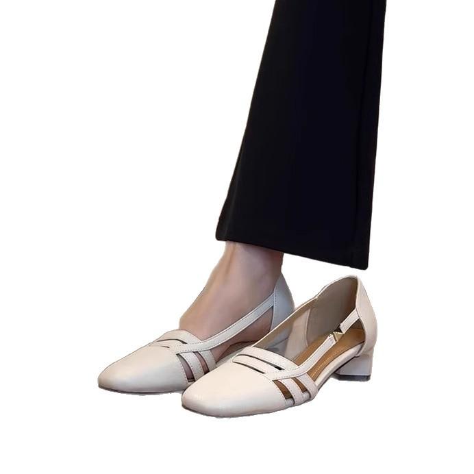 Sheepskin version~ retro hollow shallow mouth breathable sandals women's one foot literary style low heel commuting sheepskin, single shoes
