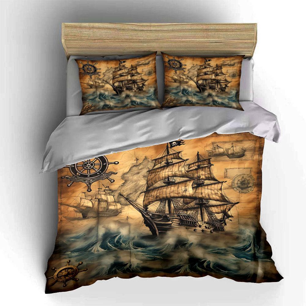 Vintage Pirate Ship Design Bedding Duvet Cover Set Duvet Cover Pillowcases (1*Duvet Cover 2*Pillowcases, without duvet insert)