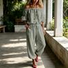 Tuta Lunga da Donna Scollo a Barca Manica Lunga Monocolore Coulisse Ampia Harem Pantaloni Lunghi da Vacanza