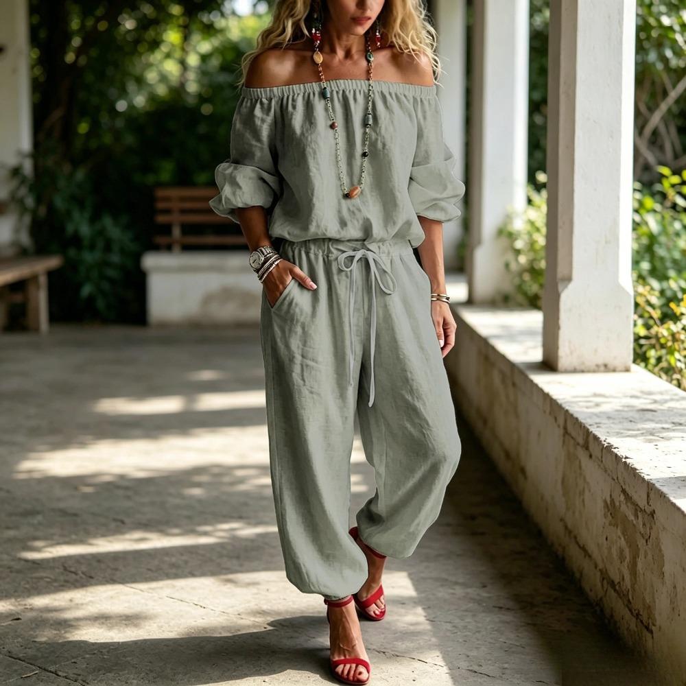 Tuta Lunga da Donna Scollo a Barca Manica Lunga Monocolore Coulisse Ampia Harem Pantaloni Lunghi da Vacanza
