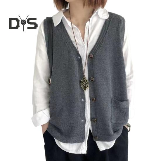Women Knitting Vest V-Neck Sleeveless Single Breasted Warm Waistcoat Solid Color Loose Fit Knitted Tank Tops with Pockets