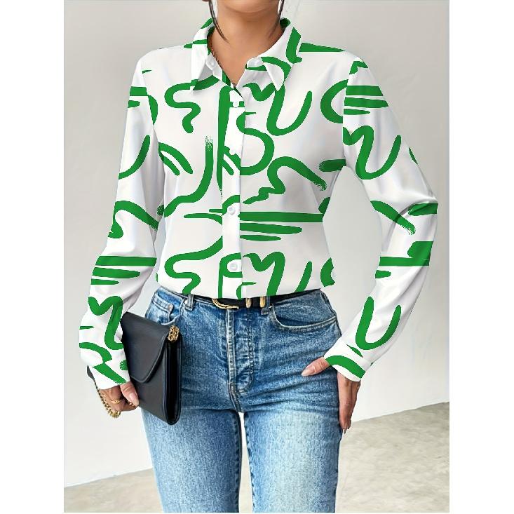 Spring and Autumn 3D Digital Print Women's Fashionable Collared Long Sleeve Casual Shirt