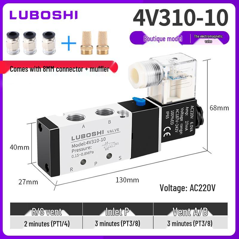 220V Pneumatický solenoidový ventil 4V410-15: 8mm Konektor, 2-polohový 5cestný řídicí ventil pro válec, 24V Směrový pneumatický ventil.