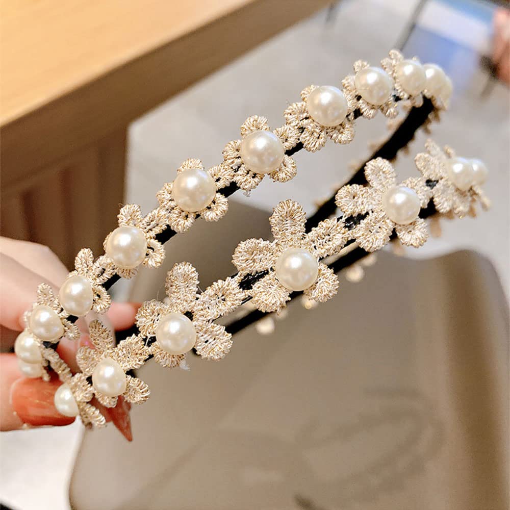 MOMI Flower Ribbon Headband for Kids, Pearl Hair Ornament for Photo Shoots, Graduations, Entrance Ceremonies, and Commemorative Photos (Set of 2)