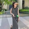 Women's Sleeveless Striped Knit Dress - Loose Long Slit Style, Round Neck, Slimming and Versatile, 2026 Summer New Arrival.