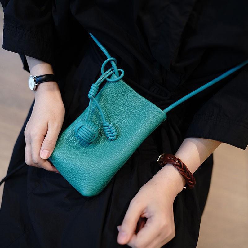 

Women Crossbody Mobile Phone Bag Street With Literary Mini Artistic Small Round Ball Pendant Super Hot Soft Leather Cute Blue