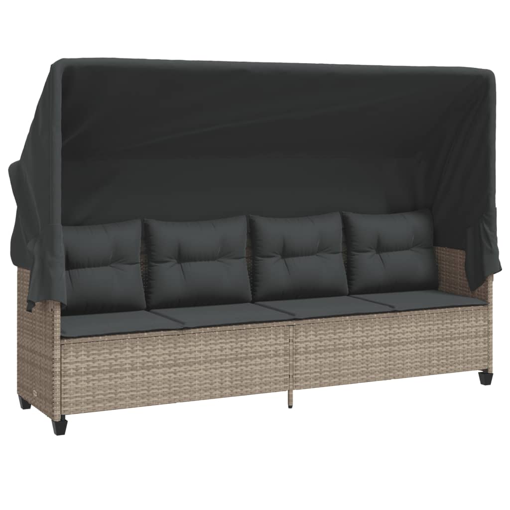 Sonnenliege mit Baldachin und Kissen Hellgrau Poly-Rattan