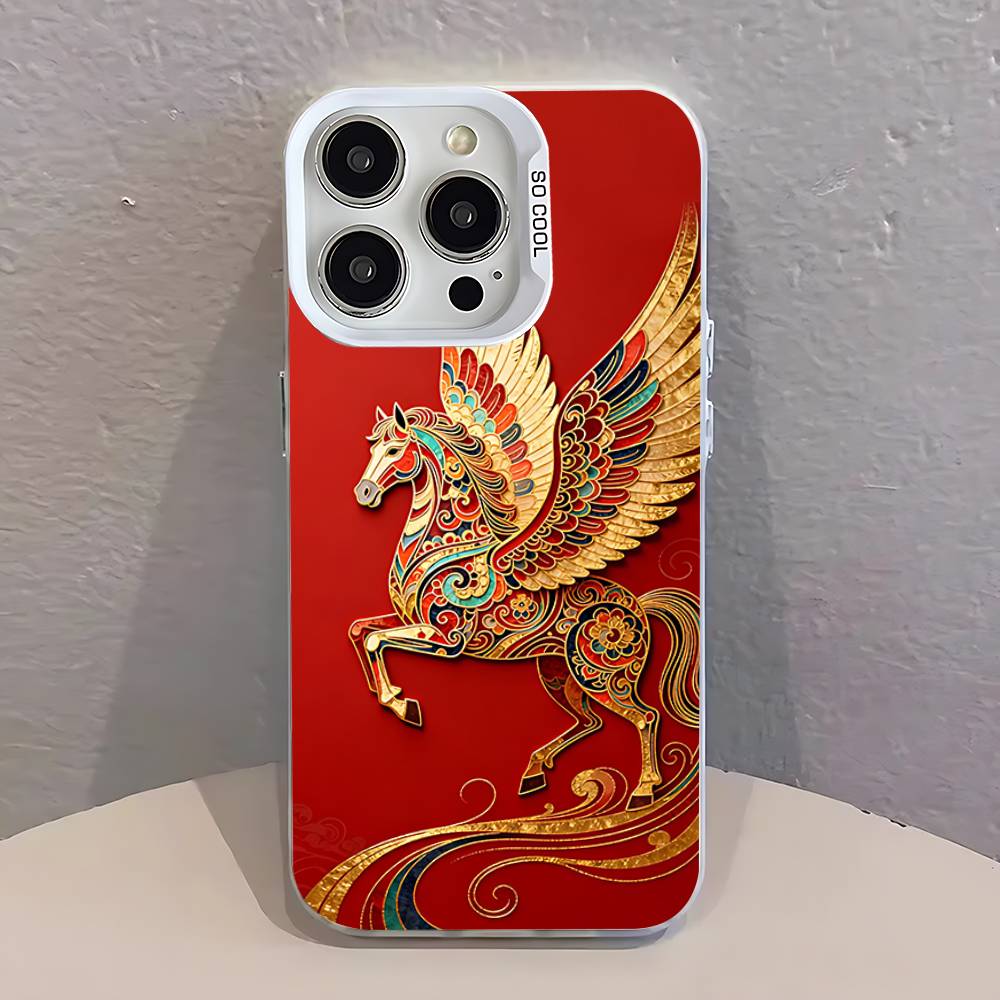 Fashion Chinese-Style Red Horse White Phone Case IMD Color Silver Shell For IPhone 17 16 15 14 13 12 11 Pro Max Plus