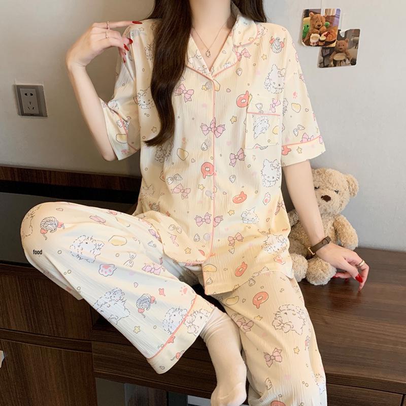 

Japanese Star Pajama Set: Women s Summer Cardigan, Short Sleeve, Long Pants, Crinkled Fabric for Comfortable Home Wear 2XL [130-145 lbs]