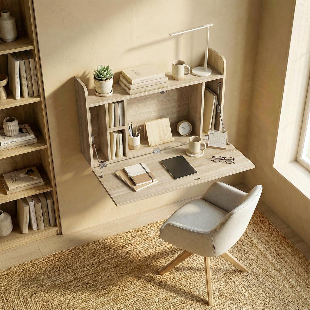Wall-Mounted Desk, Computer Table, Fold-Down Shelf with Storage, 77 x 20 x 51 cm