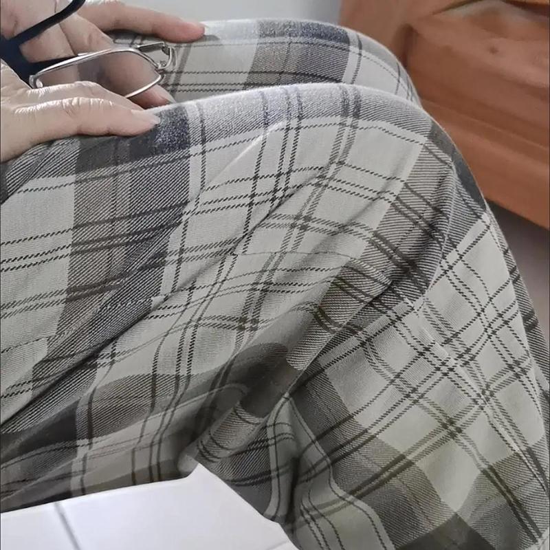 WTEMPO Plaid Pants Women Loose and Thin Elastic Waist Straight Casual Pants Size M-XXXXL