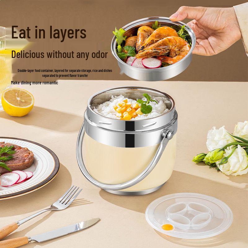 304 Stainless Steel Double-Layer Vacuum Bento Box with 8-Hour Heat Retention and Lifting Handle for Office Workers and Students