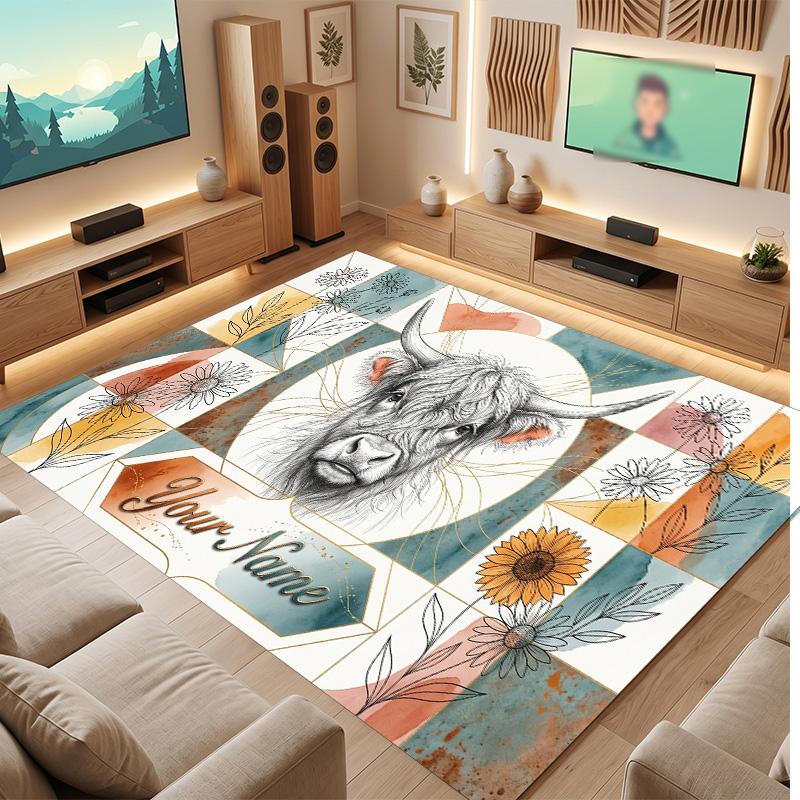 Highland Cow Theme Soft Crystal Velvet Rug Custom Name & Text Print Non Slip Floor Rug for Bedroom Living Room