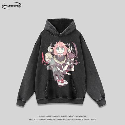 Unisex Oversized Hoodie With Anime Cartoon Print Heavyweight Washed Cotton Loose Fit Long Sleeve Pullover