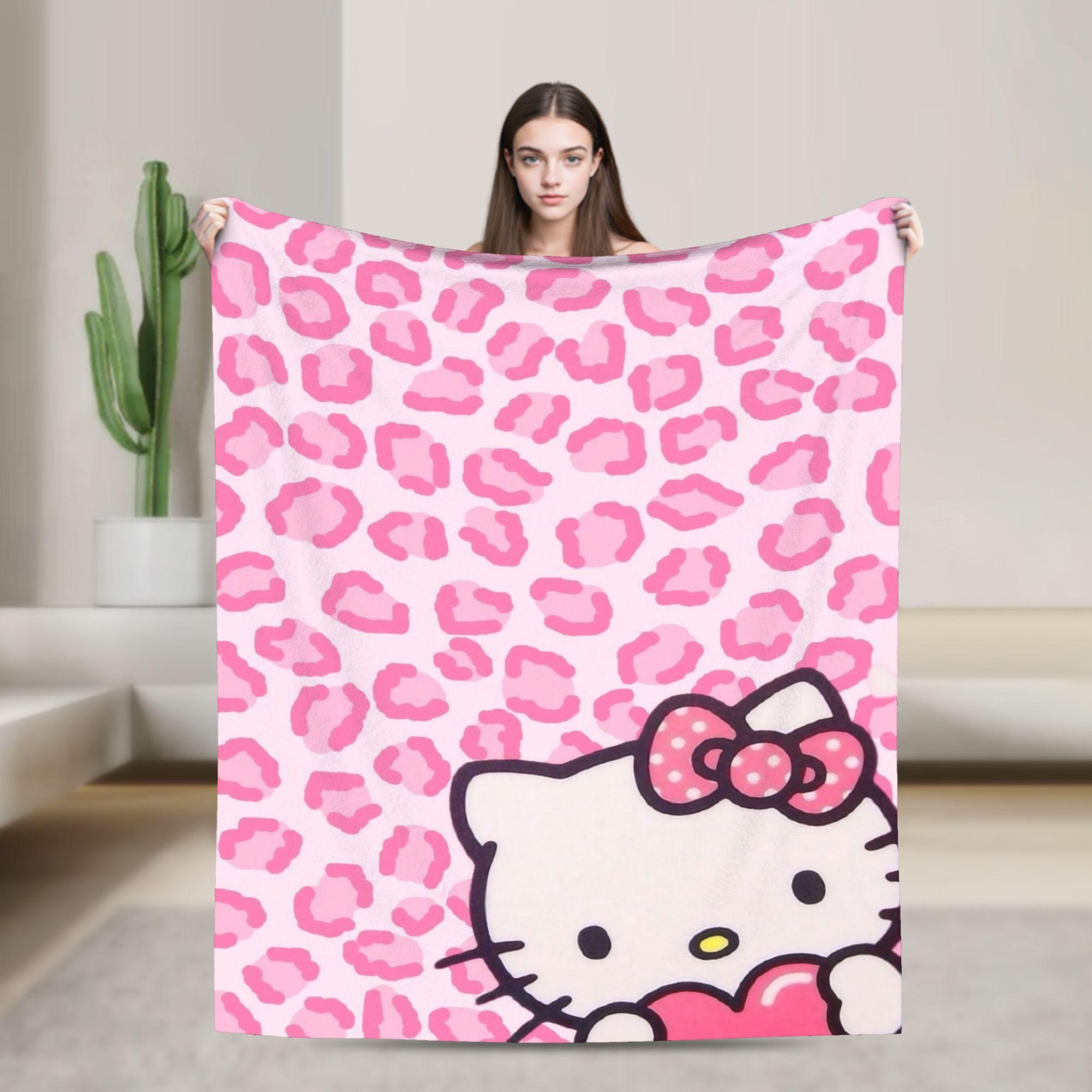 

Leopard Print Cute Hello Kitty Cat Blankets Flannel Autumn/Winter Portable Lightweight Throw Blankets for Home Office Bedspread 75x90cm
