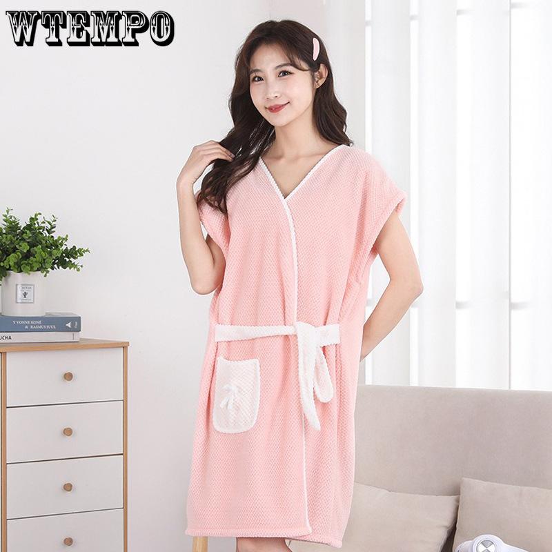 Soft Coral Fleece Casual Bathrobe Absorbent Pineapple Grid Tied Bath Towel Women's Bath Skirt