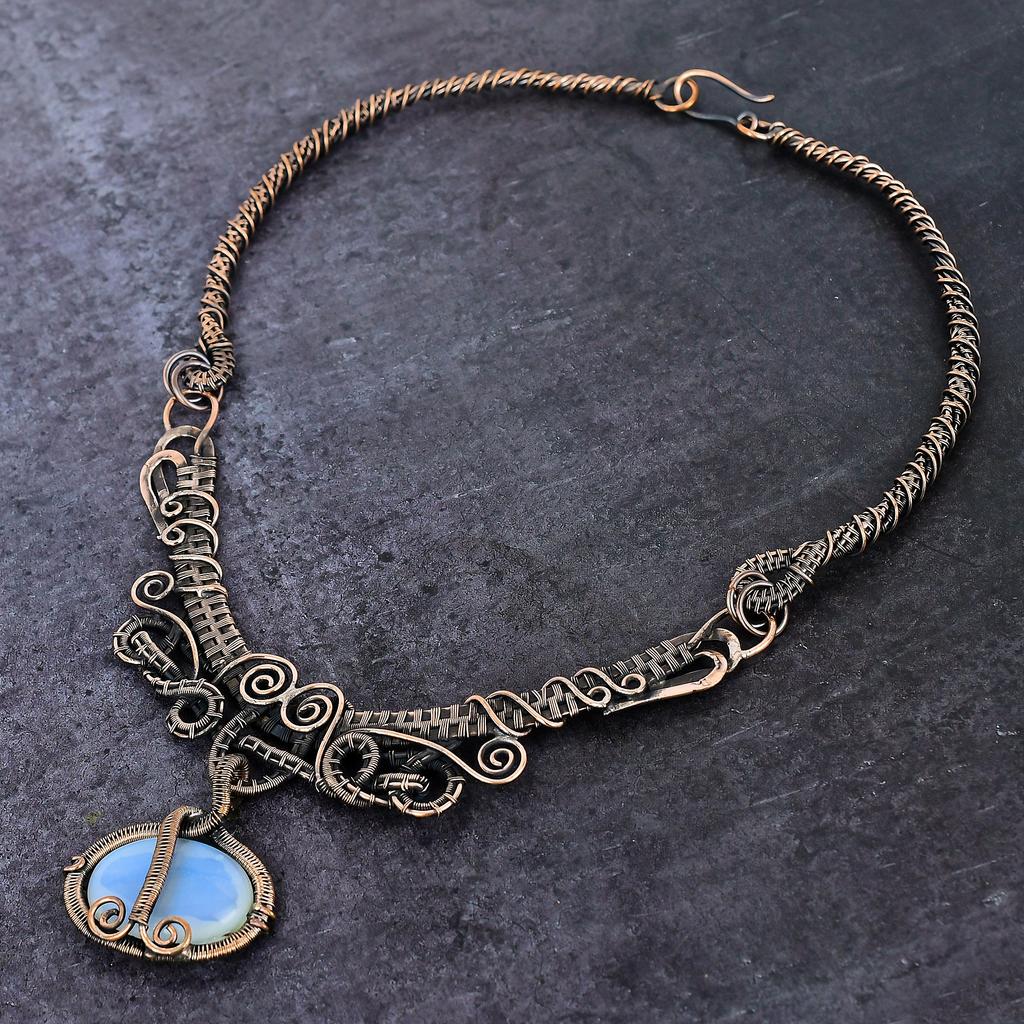 Natural Milky Opal Gemstone Handmade Copper Wire Wrap Jewelry Necklace 18" Z6t15
