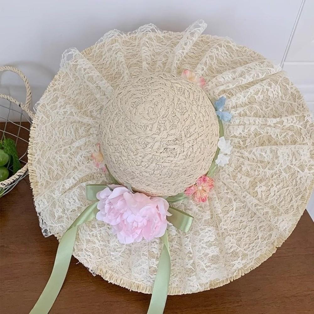 Big Brimmed Vacation Beach Cap Flower Woven Sun Cap Solid Color Lafite Straw Hat  Women