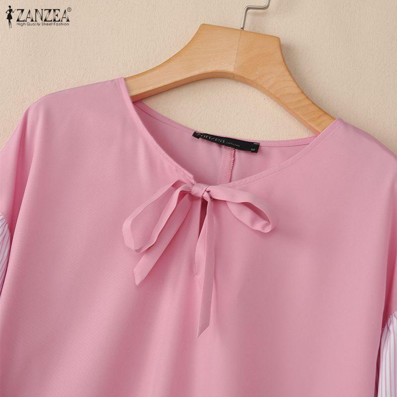ZANZEA Women Casual Round Neck Stripe Splice Half Sleeve Loose Blouse