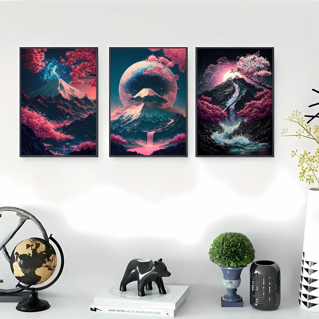 Landscape Canvas Painting Black And Red Posters Vintage Ink Art Wall Prints For Living Room Home 3pcs Frameless Japanese Natural
