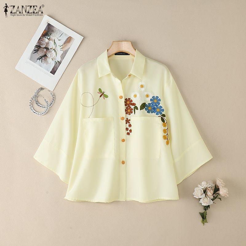 ZANZEA Women Casual Turn Down Collar Loose 3/4 Sleeve Floral Blouse