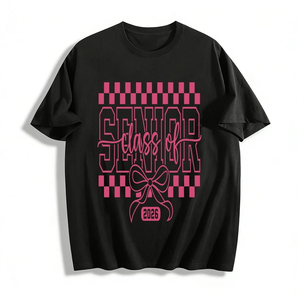 Senior Class Of 2026 Bow Checkered Print Casual Graduation Top Pure cotton T-shirt XXS