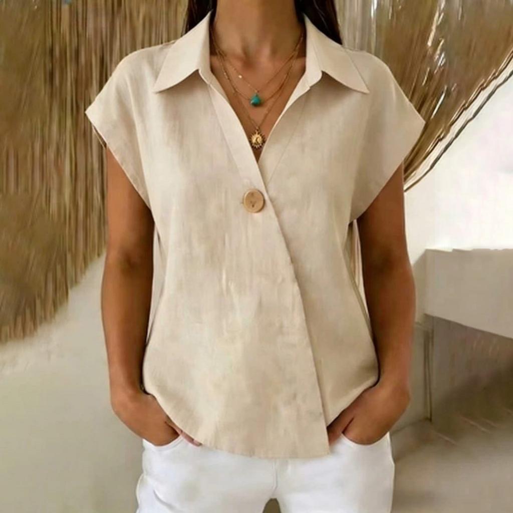 Women V Neck Button Down Shirt Short Sleeve Casual Blouse Lightweight Relaxed Fit Summer Top