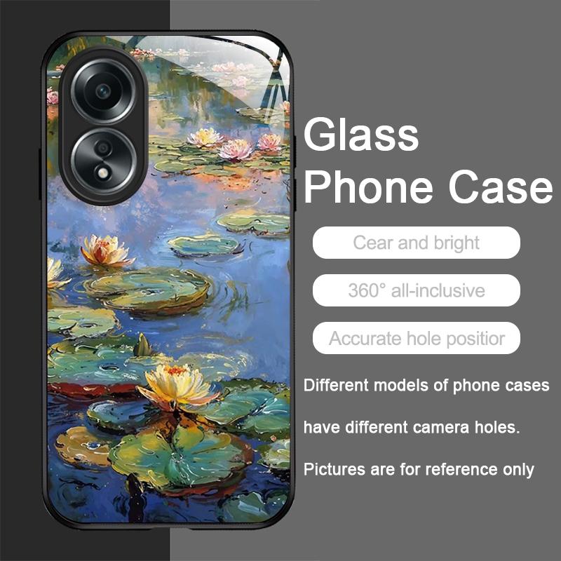 Retro Oil Painting Lotus Flower Pattern Tempered Phone Case for OPPO Realme 14 13 Pro Plus 12 11 10 Neo 3 X7 PRO C75 Hard Covers