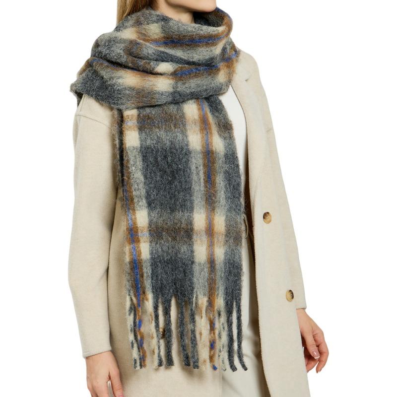 Autumn and Winter Wool Plaid Scarf Women's High-end Imitation Cashmere Versatile Simple Warm Thickened Fringed Scarf
