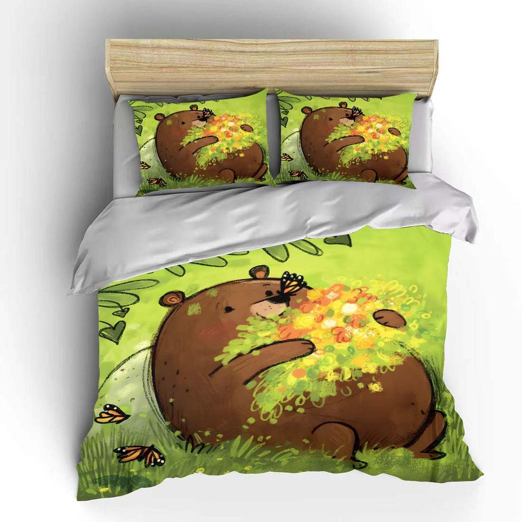 Bear Hugging Flowers with Butterflies Bedding Set for Kids Luxury Gift 3pcs Digital Print Comforter Set Soft Comfortable